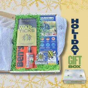 The ultimate Tick Holiday Gift Box for Hikers comes with Duration spray, Ben's Insect and Tick Repellent, Winning the War on Ticks Book, and a sticker.