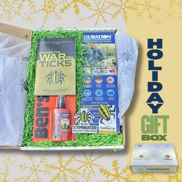 The ultimate Tick Holiday Gift Box for Hikers comes with Duration spray, Ben's Insect and Tick Repellent, Winning the War on Ticks Book, and a sticker.