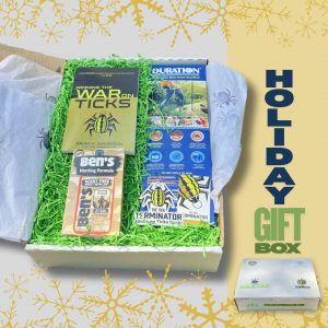 The ultimate Tick Holiday Gift Box for Hunters comes with Duration spray, Ben's Scent-Free Hunting Formula, Winning the War on Ticks Book, and a sticker.