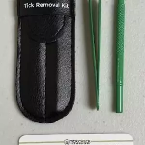 Tick Check Removal Kit with Stainless Steel fine tip tweezers and slotted scoop in leather case.